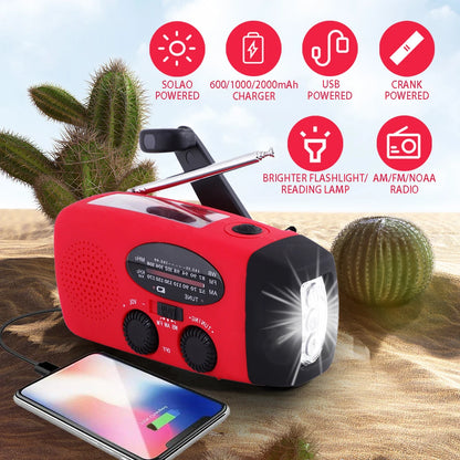 Radio de emergencia de 2000 mAh con luces LED, Carga Solar, USB, Radio FM/AM 