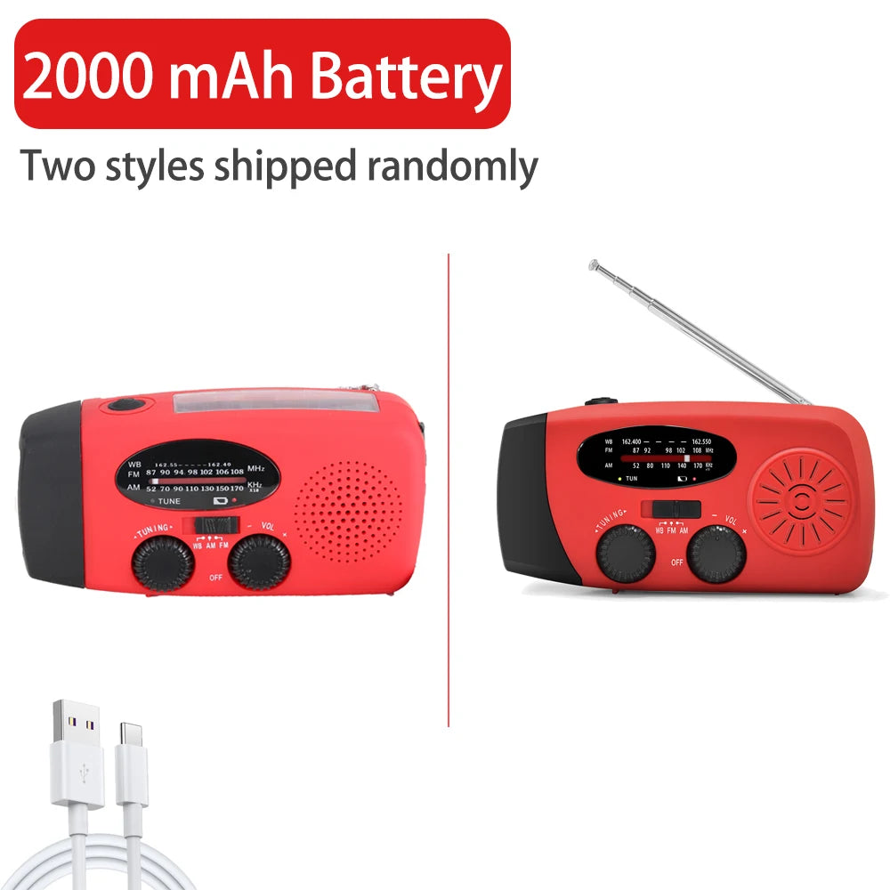 Radio de emergencia de 2000 mAh con luces LED, Carga Solar, USB, Radio FM/AM 