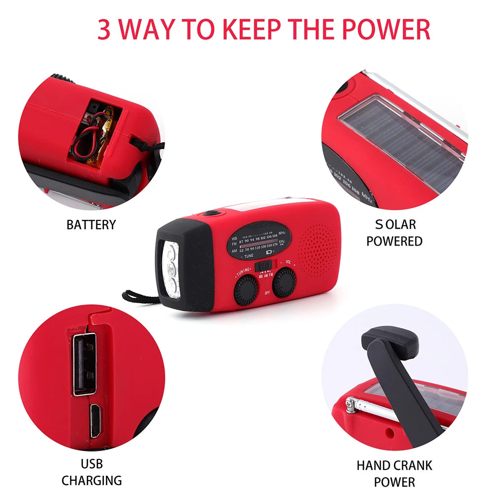 Radio de emergencia de 2000 mAh con luces LED, Carga Solar, USB, Radio FM/AM 