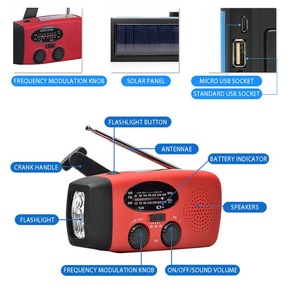 Radio de emergencia de 2000 mAh con luces LED, Carga Solar, USB, Radio FM/AM 