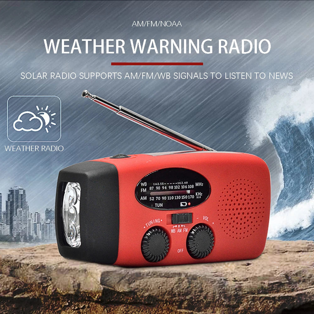 Radio de emergencia de 2000 mAh con luces LED, Carga Solar, USB, Radio FM/AM 